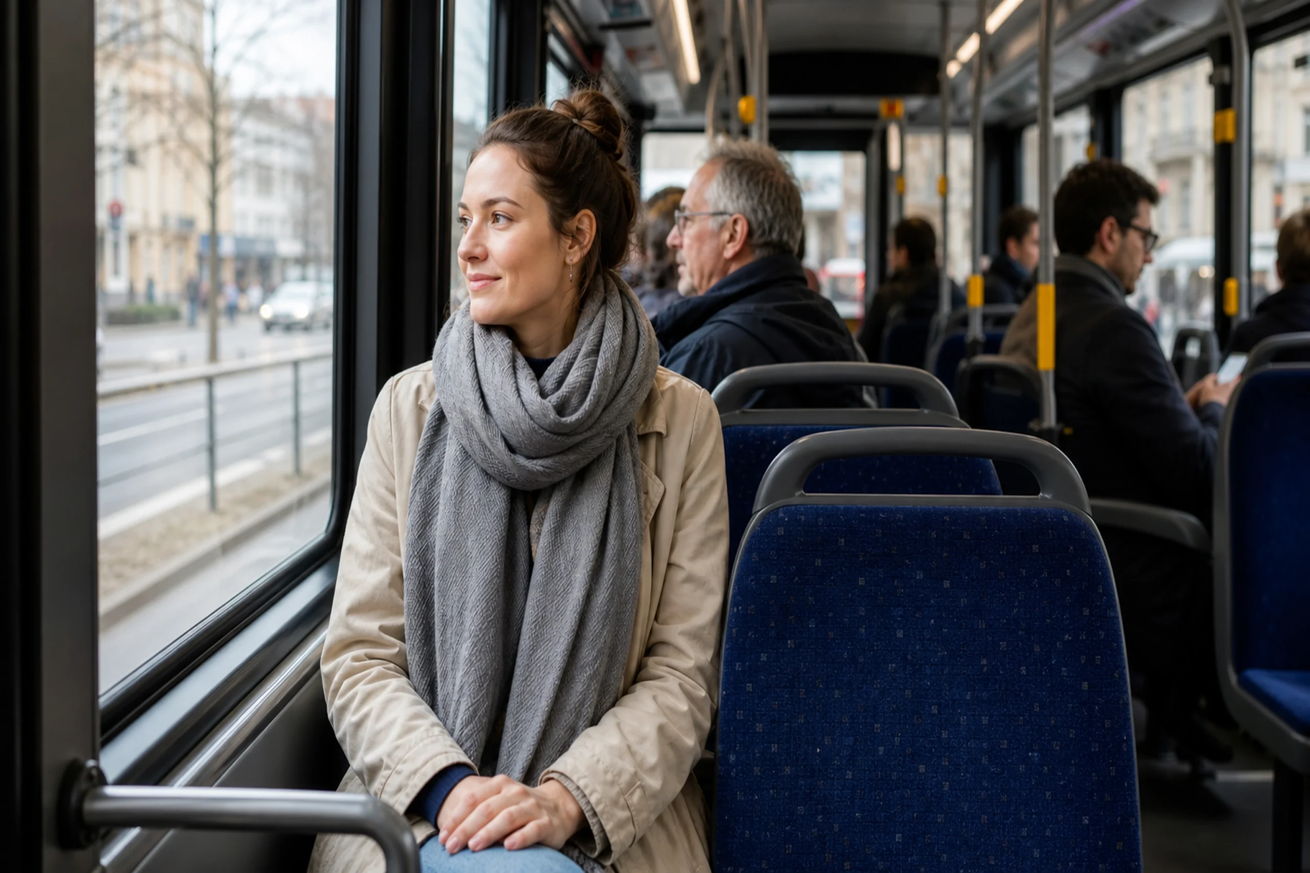 Cestující v tramvaji u okna.
