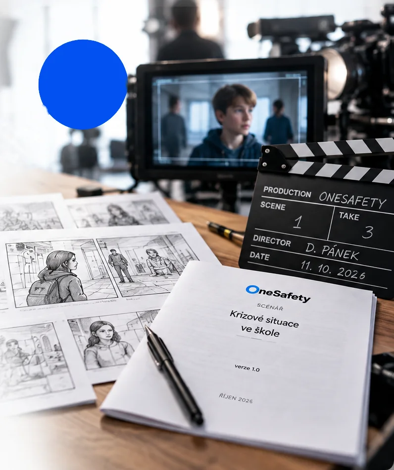 Natáčení edukačního videa OneSafety: monitor, filmová klapka, scénář a storyboardy na stole.