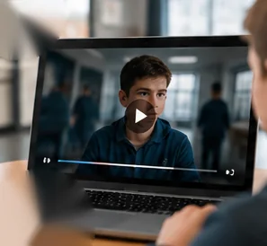 Student sleduje edukační video na notebooku.
