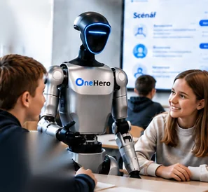 Humanoidní průvodce OneHero se studenty ve třídě.