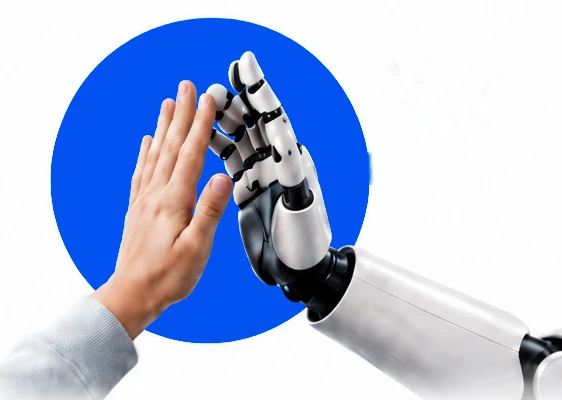 Lidská ruka a ruka robota si plácnou
