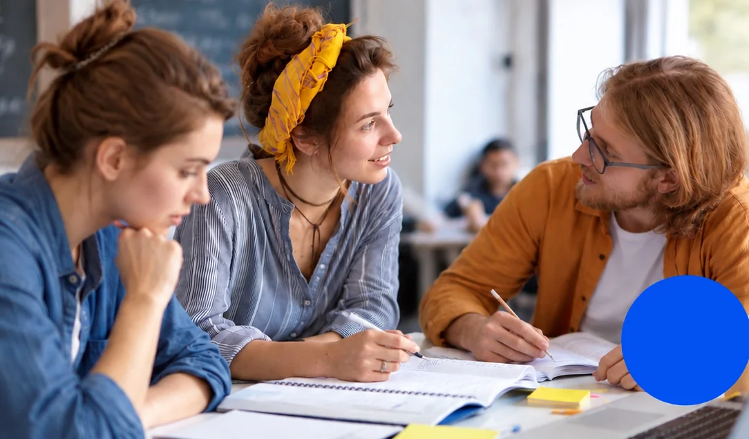 Pedagožka se skupinou studentů při společné práci ve třídě